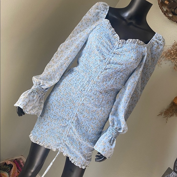 Hey Babe Light Blue Floral Sheer Sleeve Ruched Tie Dress - Picture 15 of 17